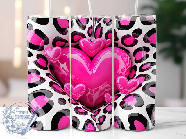 3D Pink Leopard Heart Tumbler, Pink Valentine Pattern, Trendy Leopard Design, 20Oz Sublimation Wrap, Bold Heart Art, Stylish Leopard Texture, Tumbler Sublimation Sublimation ToriDesigns 