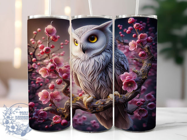 3D Pink Owl Floral 20oz Tumbler, Pink Floral Cup Wrap, Artistic Owl Design, Sublimation Tumbler Wrap, 20Oz Tumbler Design, Stylish Bird Cup, Cute Owl Floral Wrap Sublimation ToriDesigns 