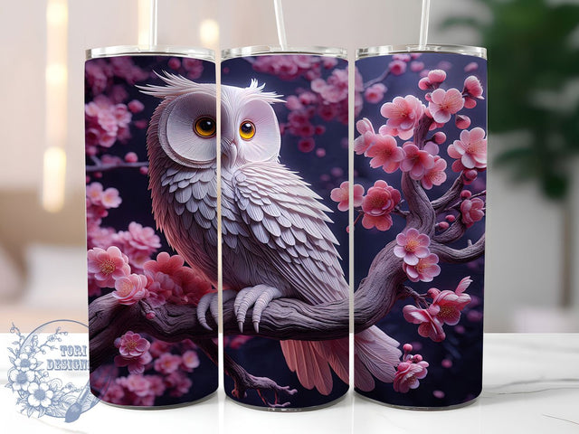 3D Pink Owl Floral 20oz Tumbler, Pink Floral Cup Wrap, Artistic Owl Design, Sublimation Tumbler Wrap, 20Oz Tumbler Design, Stylish Bird Cup, Cute Owl Floral Wrap Sublimation ToriDesigns 