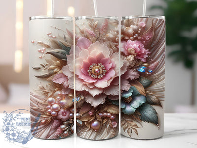 3D Pink Pearl Floral Tumbler, Pearls Tumbler Design, Holographic 20oz Wrap, Sublimation Design, Elegant Gift Idea, Glamorous Pearl Wrap, Stylish Floral Tumbler Sublimation ToriDesigns 