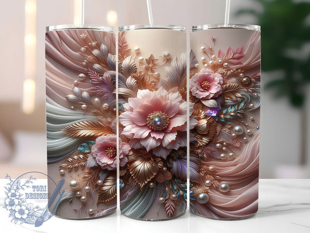 3D Pink Pearl Floral Tumbler, Pearls Tumbler Design, Holographic 20oz Wrap, Sublimation Design, Elegant Gift Idea, Glamorous Pearl Wrap, Stylish Floral Tumbler Sublimation ToriDesigns 