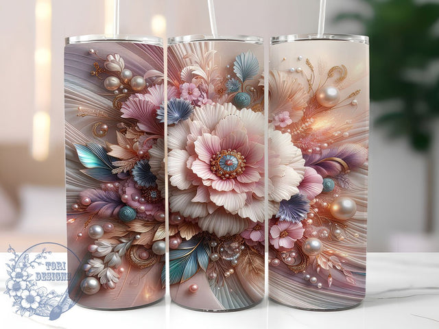 3D Pink Pearl Floral Tumbler, Pearls Tumbler Design, Holographic 20oz Wrap, Sublimation Design, Elegant Gift Idea, Glamorous Pearl Wrap, Stylish Floral Tumbler Sublimation ToriDesigns 