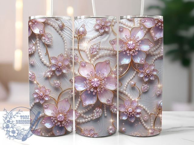 3D Pink Pearl Floral Tumbler, Pearls Tumbler Design, Holographic Floral Art, 20Oz Sublimation Wrap, Pink Pearl Print, 3D Floral Texture, Tumbler Sublimation Sublimation ToriDesigns 