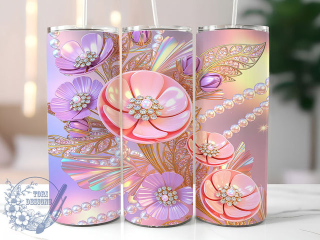 3D Pink Pearl Floral Tumbler, Pearls Tumbler Design, Holographic Floral Art, 20Oz Sublimation Wrap, Pink Pearl Print, 3D Floral Texture, Tumbler Sublimation Sublimation ToriDesigns 