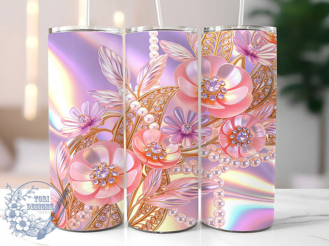 3D Pink Pearl Floral Tumbler, Pearls Tumbler Design, Holographic Floral Art, 20Oz Sublimation Wrap, Pink Pearl Print, 3D Floral Texture, Tumbler Sublimation Sublimation ToriDesigns 