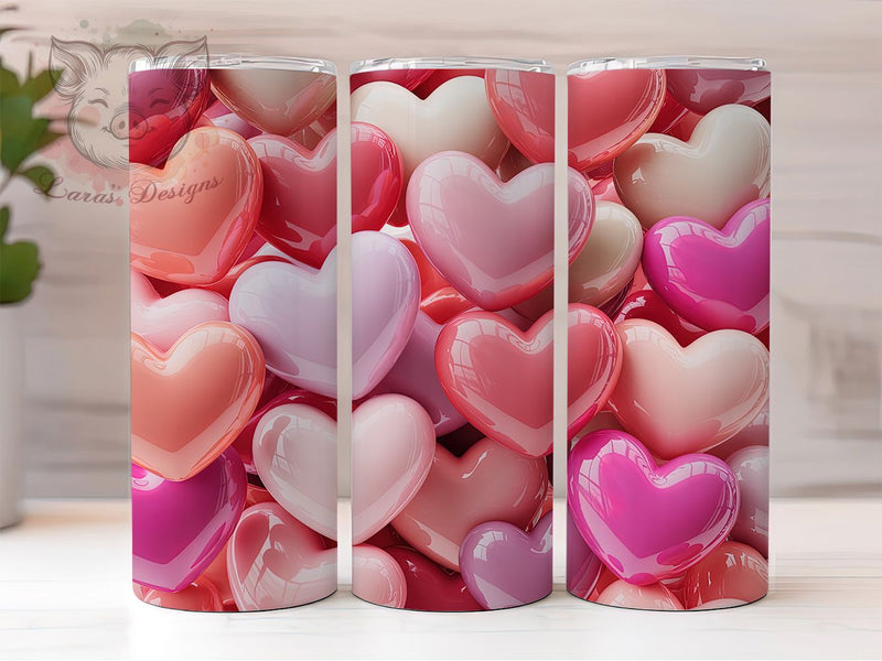 3D Pink Puffy Heart Tumbler, Seamless Pattern, Pink Valentine Theme, Romantic Chic Wrap, Cute Love Design, Bold Stylish Print, Holiday Sublimation, 20Oz Tumbler Sublimation Lara' s Designs 