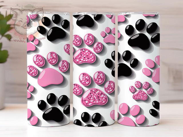 3D Pink Puffy Paw Tumbler, Sparkly Pet Paw Design, 3D Inflated Paw Pattern, 20Oz Sublimation Wrap, Pink Glitter Dog Mom, Seamless Paw Texture, Tumbler Sublimation Sublimation Lara' s Designs 