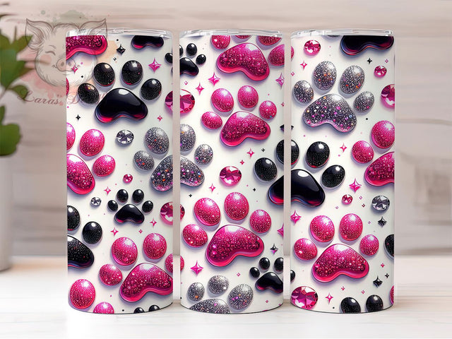 3D Pink Puffy Paw Tumbler, Sparkly Pet Paw Design, 3D Inflated Paw Pattern, 20Oz Sublimation Wrap, Pink Glitter Dog Mom, Seamless Paw Texture, Tumbler Sublimation Sublimation Lara' s Designs 