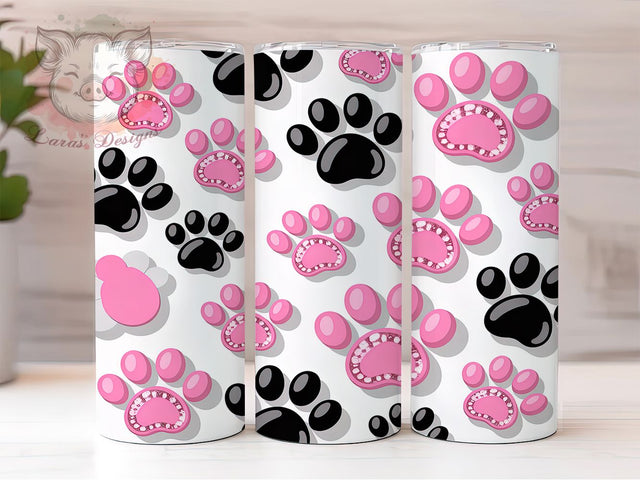 3D Pink Puffy Paw Tumbler, Sparkly Pet Paw Design, 3D Inflated Paw Pattern, 20Oz Sublimation Wrap, Pink Glitter Dog Mom, Seamless Paw Texture, Tumbler Sublimation Sublimation Lara' s Designs 