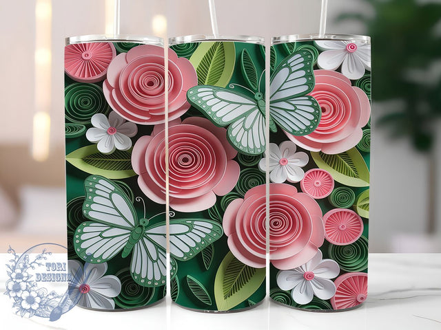 3D Pink Roses Butterfly Tumbler, Floral Butterfly Tumbler, 20Oz Sublimation, 3D Flower Printable, Pink Rose Butterfly Design, Elegant Floral Wrap, Romantic 3D Tumbler Art Sublimation ToriDesigns 