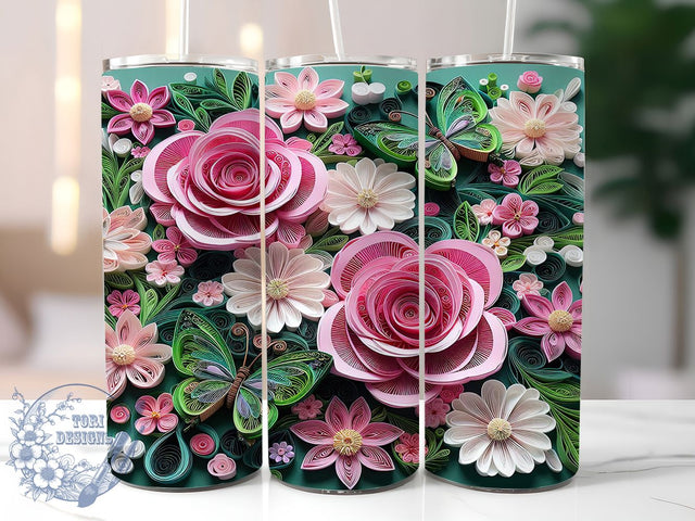 3D Pink Roses Butterfly Tumbler, Floral Butterfly Tumbler, 20Oz Sublimation, 3D Flower Printable, Pink Rose Butterfly Design, Elegant Floral Wrap, Romantic 3D Tumbler Art Sublimation ToriDesigns 