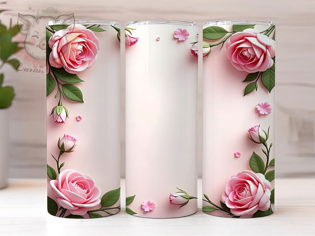 3D Pink Roses Tumbler, Floral Border Design, Roses Sublimation Wrap, 20oz Tumbler, Flower Border Tumbler, Pink Floral Design, Custom Tumbler Wrap, Elegant Rose Art Sublimation Lara' s Designs 