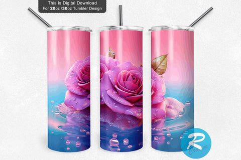 3D Pink Roses Water 20 Oz Tumbler Sublimation Regulrcrative 
