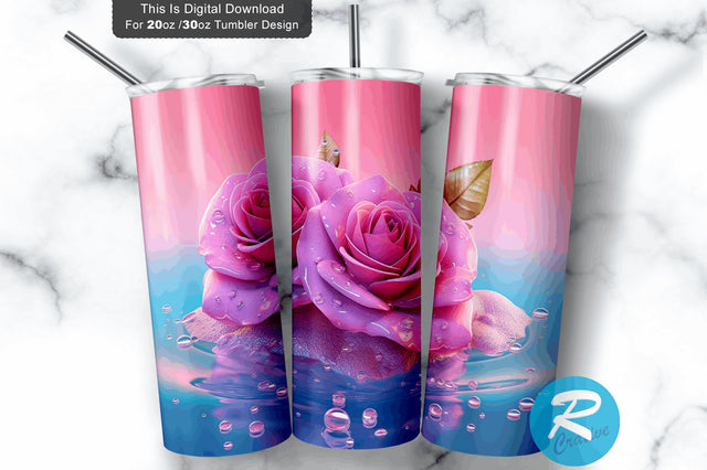 3D Pink Roses Water 20 Oz Tumbler Sublimation Regulrcrative 