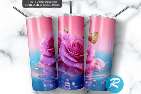 3D Pink Roses Water 20 Oz Tumbler Sublimation Regulrcrative 
