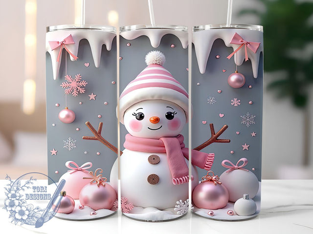 3D Pink Snowman 20oz Tumbler Wrap, 3D Snowman, Pink Snowman, Christmas Tumbler, 20oz Tumbler, Sublimation Wrap, Holiday Decor, Winter Gift Sublimation ToriDesigns 