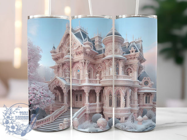 3D Pink Snowy House Christmas Tumbler, Winter Cottage Wrap, Festive Pink Sublimation Design, 20oz Snowy House Tumbler, Whimsical Holiday Mug, Cute Christmas Cabin Cup, Frosty Pink Winter Art Sublimation ToriDesigns 