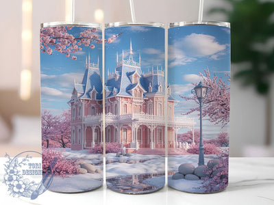 3D Pink Snowy House Christmas Tumbler, Winter Cottage Wrap, Festive Pink Sublimation Design, 20oz Snowy House Tumbler, Whimsical Holiday Mug, Cute Christmas Cabin Cup, Frosty Pink Winter Art Sublimation ToriDesigns 