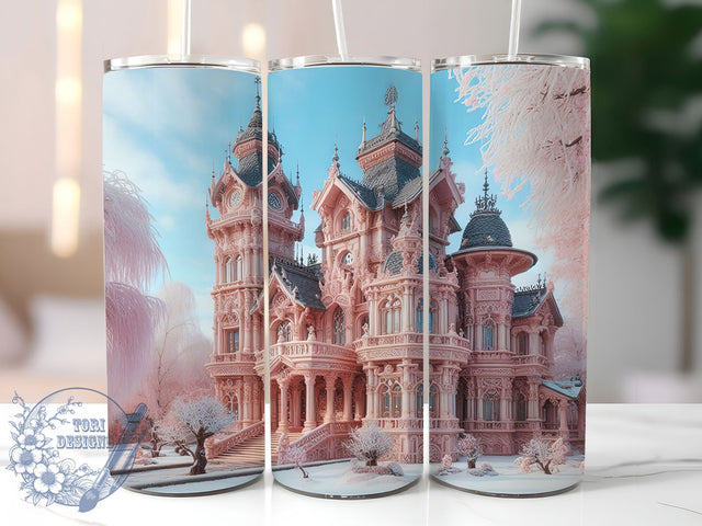 3D Pink Snowy House Christmas Tumbler, Winter Cottage Wrap, Festive Pink Sublimation Design, 20oz Snowy House Tumbler, Whimsical Holiday Mug, Cute Christmas Cabin Cup, Frosty Pink Winter Art Sublimation ToriDesigns 