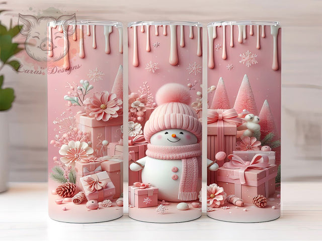 3D Pink Sparkly Snowman Tumbler, Sparkly Snowman Sublimation Design, Festive Pink Holiday Art, 20oz Xmas Tumbler, Whimsical Snowman Mug, Stylish Sparkly Cup, Cozy Pink Wrap Sublimation Lara' s Designs 