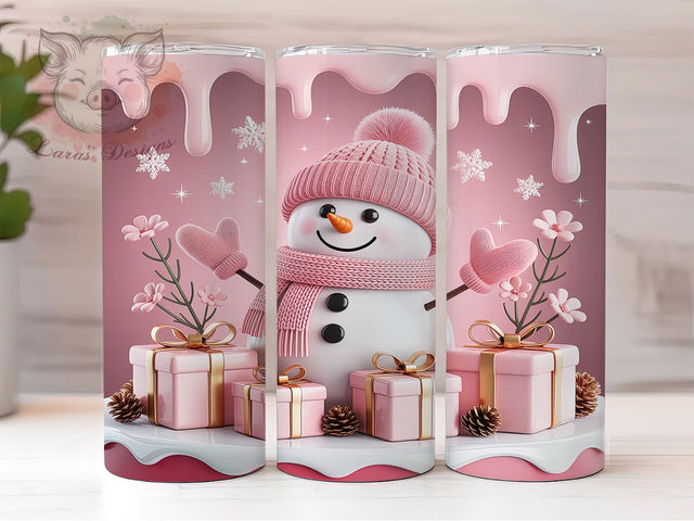 3D Pink Sparkly Snowman Tumbler, Sparkly Snowman Sublimation Design, Festive Pink Holiday Art, 20oz Xmas Tumbler, Whimsical Snowman Mug, Stylish Sparkly Cup, Cozy Pink Wrap Sublimation Lara' s Designs 