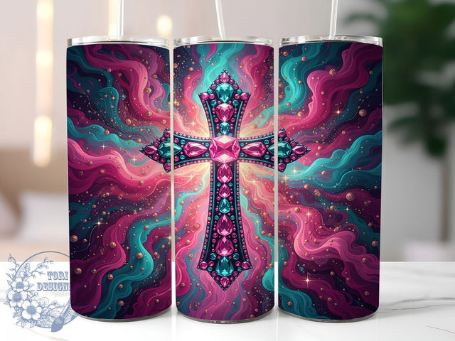 3D Pink Teal Jesus Cross Tumbler, Christian Tumbler, Faith Wrap, Pink Teal Glitter, 3D Design, 20oz Tumbler, Sublimation Print Sublimation ToriDesigns 