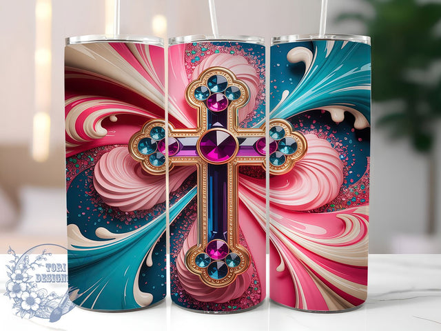 3D Pink Teal Jesus Cross Tumbler, Christian Tumbler, Faith Wrap, Pink Teal Glitter, 3D Design, 20oz Tumbler, Sublimation Print Sublimation ToriDesigns 
