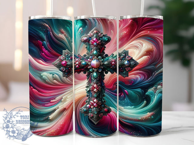 3D Pink Teal Jesus Cross Tumbler, Christian Tumbler, Faith Wrap, Pink Teal Glitter, 3D Design, 20oz Tumbler, Sublimation Print Sublimation ToriDesigns 