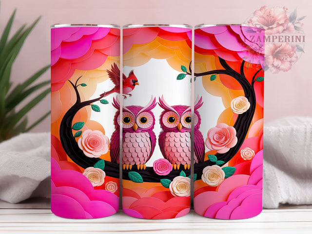 3D Pink Valentine Owl Tumbler, Floral Valentine Wrap, 3D Cute Owl Design, Sublimation Cup, 20oz Skinny Tumbler, Romantic Pink Drinkware, Valentine Owl Style Sublimation Li Zamperini 