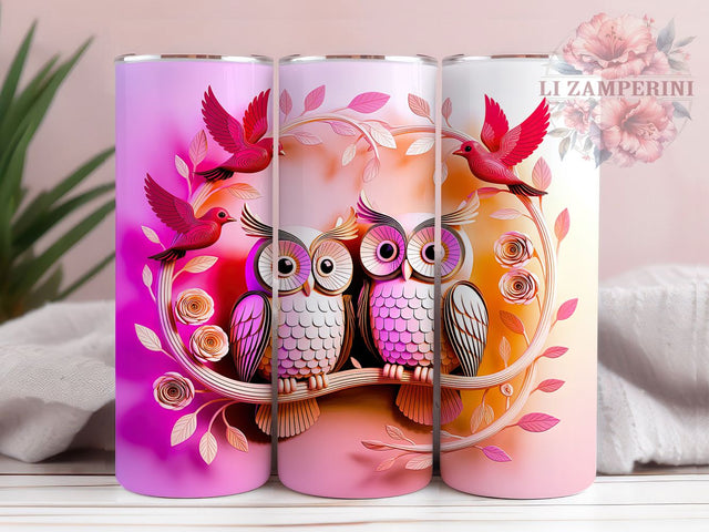 3D Pink Valentine Owl Tumbler, Floral Valentine Wrap, 3D Cute Owl Design, Sublimation Cup, 20oz Skinny Tumbler, Romantic Pink Drinkware, Valentine Owl Style Sublimation Li Zamperini 