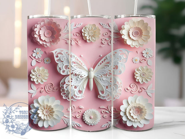 3D Pink White Butterfly Tumbler, Floral Butterfly Tumbler, 20Oz Sublimation, 3D Flower Printable, Pink White Floral Design, Elegant Butterfly Wrap, Soft 3D Tumbler Art Sublimation ToriDesigns 