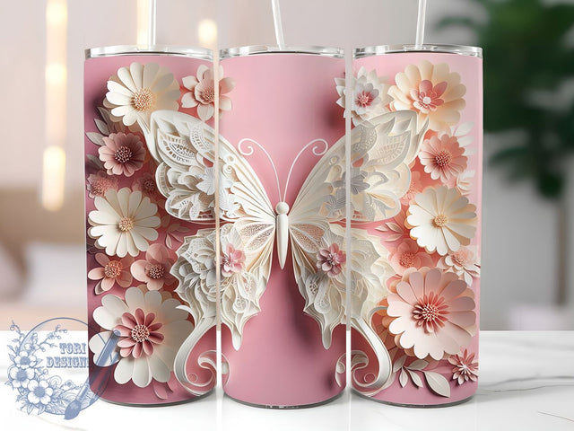 3D Pink White Butterfly Tumbler, Floral Butterfly Tumbler, 20Oz Sublimation, 3D Flower Printable, Pink White Floral Design, Elegant Butterfly Wrap, Soft 3D Tumbler Art Sublimation ToriDesigns 