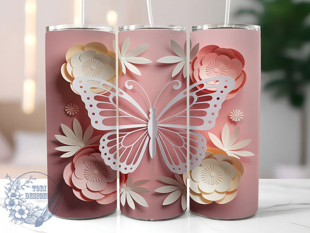 3D Pink White Butterfly Tumbler, Floral Butterfly Tumbler, 20Oz Sublimation, 3D Flower Printable, Pink White Floral Design, Elegant Butterfly Wrap, Soft 3D Tumbler Art Sublimation ToriDesigns 