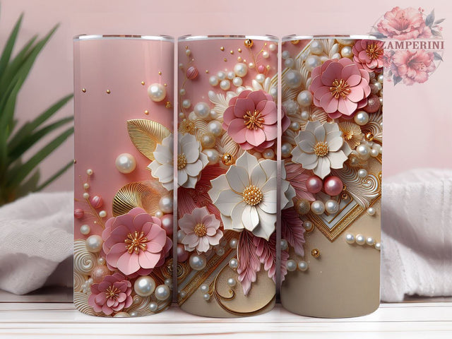 3D Pink White Gold Flowers Pearls 20oz Skinny Tumbler, Instant Digital Download PNG, Straight & Tapered Tumbler Wrap PNG Sublimation Li Zamperini 