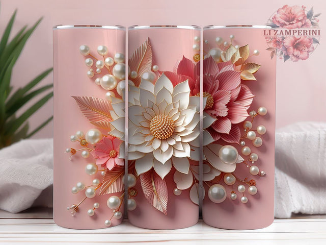 3D Pink White Gold Flowers Pearls 20oz Skinny Tumbler, Instant Digital Download PNG, Straight & Tapered Tumbler Wrap PNG Sublimation Li Zamperini 