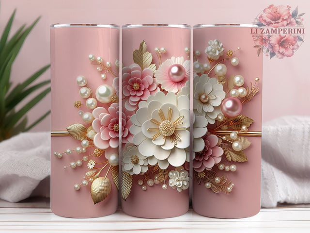 3D Pink White Gold Flowers Pearls 20oz Skinny Tumbler, Instant Digital Download PNG, Straight & Tapered Tumbler Wrap PNG Sublimation Li Zamperini 