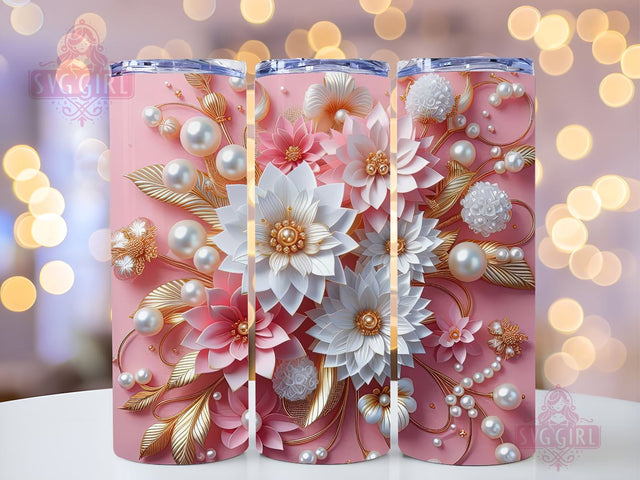 3D Pink White Gold Flowers Pearls 20oz Tumbler Wrap Sublimation Design, Straight Tapered Tumbler Wrap, Tumbler Png, Instant Digital Download Sublimation SvggirlplusArt 