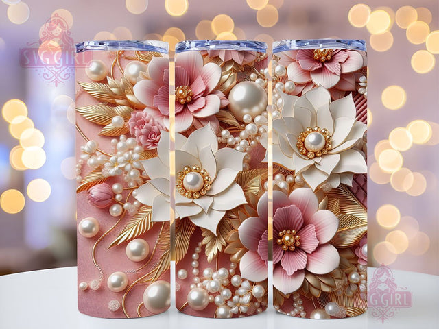 3D Pink White Gold Flowers Pearls 20oz Tumbler Wrap Sublimation Design, Straight Tapered Tumbler Wrap, Tumbler Png, Instant Digital Download Sublimation SvggirlplusArt 