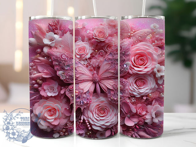 3D Pink Wildflower 20oz Tumbler, Pink Wildflower Cup Wrap, Floral Sublimation Design, 20Oz Tumbler Wrap, Nature Inspired Cup, Colorful Butterfly Design, Artistic Wildflower Tumbler Sublimation ToriDesigns 
