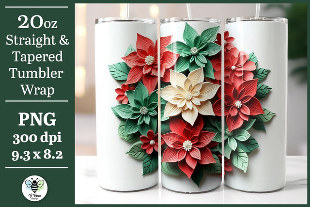 3D Poinsettia Tumbler Wrap | Christmas Tumbler Design Sublimation B Renee Design 