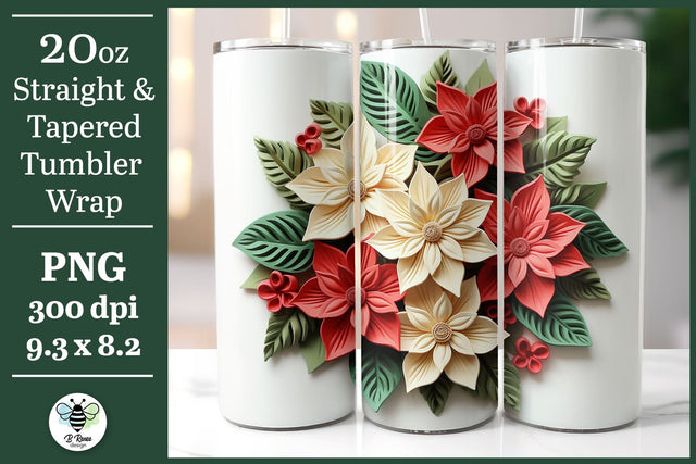 3D Poinsettia Tumbler Wrap | Christmas Tumbler Design Sublimation B Renee Design 
