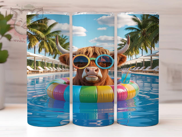 3D Poolside Highland Cow Tumbler, Poolside Cow Sublimation Design, Whimsical Cow Summer Art, 20oz Fun Tumbler, Relaxed Cow Mug, Tropical Poolside Cup, Playful Cow Wrap Sublimation Lara' s Designs 