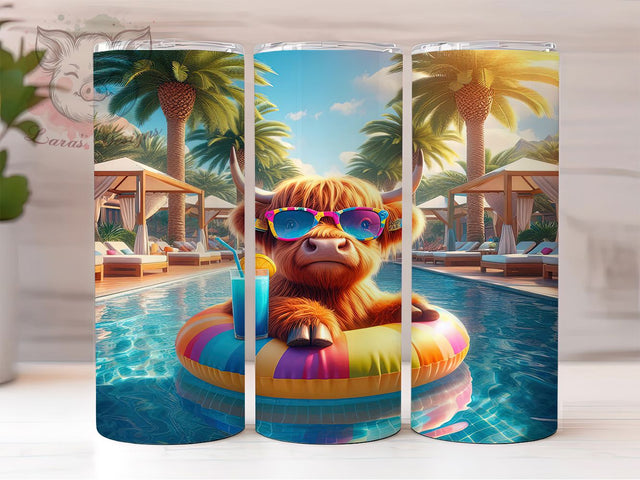 3D Poolside Highland Cow Tumbler, Poolside Cow Sublimation Design, Whimsical Cow Summer Art, 20oz Fun Tumbler, Relaxed Cow Mug, Tropical Poolside Cup, Playful Cow Wrap Sublimation Lara' s Designs 