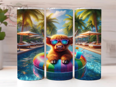 3D Poolside Highland Cow Tumbler, Poolside Cow Sublimation Design, Whimsical Cow Summer Art, 20oz Fun Tumbler, Relaxed Cow Mug, Tropical Poolside Cup, Playful Cow Wrap Sublimation Lara' s Designs 