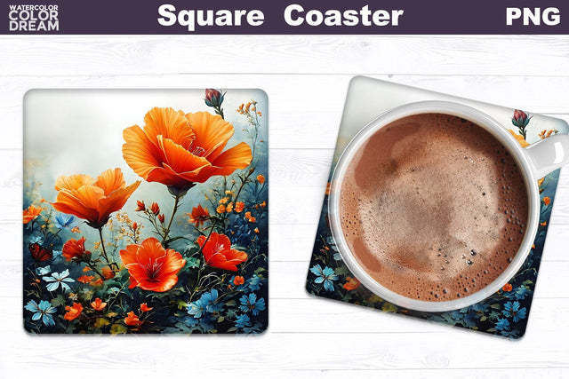 3D Poppy Square Coaster | Floral Square Coaster Sublimation WatercolorColorDream 