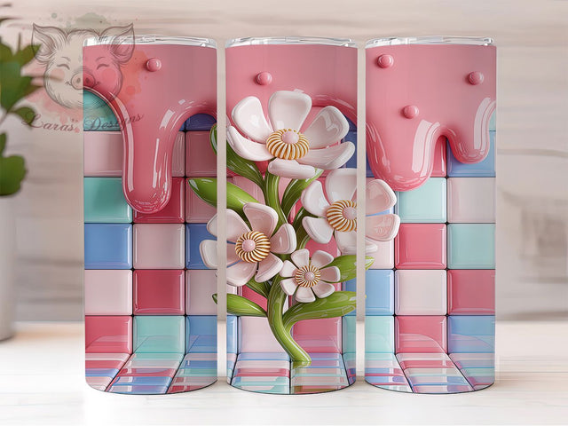 3D Puffy Checkerboard Floral Tumbler, Checkerboard Wrap, 3D Floral Pattern, Sublimation Tumbler, 20oz Skinny Cup, Seamless Drinkware, Retro Style Sublimation Lara' s Designs 