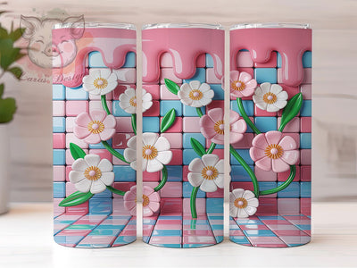 3D Puffy Checkerboard Floral Tumbler, Checkerboard Wrap, 3D Floral Pattern, Sublimation Tumbler, 20oz Skinny Cup, Seamless Drinkware, Retro Style Sublimation Lara' s Designs 