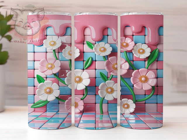 3D Puffy Checkerboard Floral Tumbler, Checkerboard Wrap, 3D Floral Pattern, Sublimation Tumbler, 20oz Skinny Cup, Seamless Drinkware, Retro Style Sublimation Lara' s Designs 