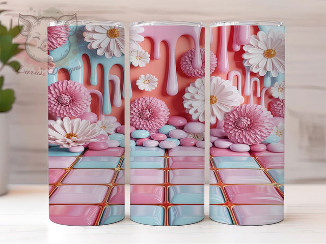 3D Puffy Checkerboard Floral Tumbler, Checkerboard Wrap, 3D Floral Pattern, Sublimation Tumbler, 20oz Skinny Cup, Seamless Drinkware, Retro Style Sublimation Lara' s Designs 