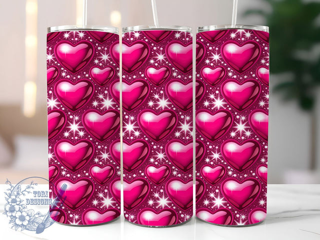 3D Puffy Metallic Heart Tumbler, Puffy Metallic Pattern, Inflated Valentine Hearts Design, 20Oz Sublimation Wrap, Shiny Romantic Art, Seamless Heart Texture, Tumbler Sublimatio Sublimation ToriDesigns 